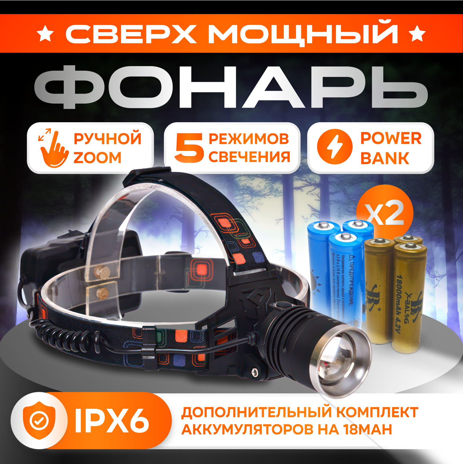 Фонарь налобный, сверхмощный, светодиодный, аккумуляторный