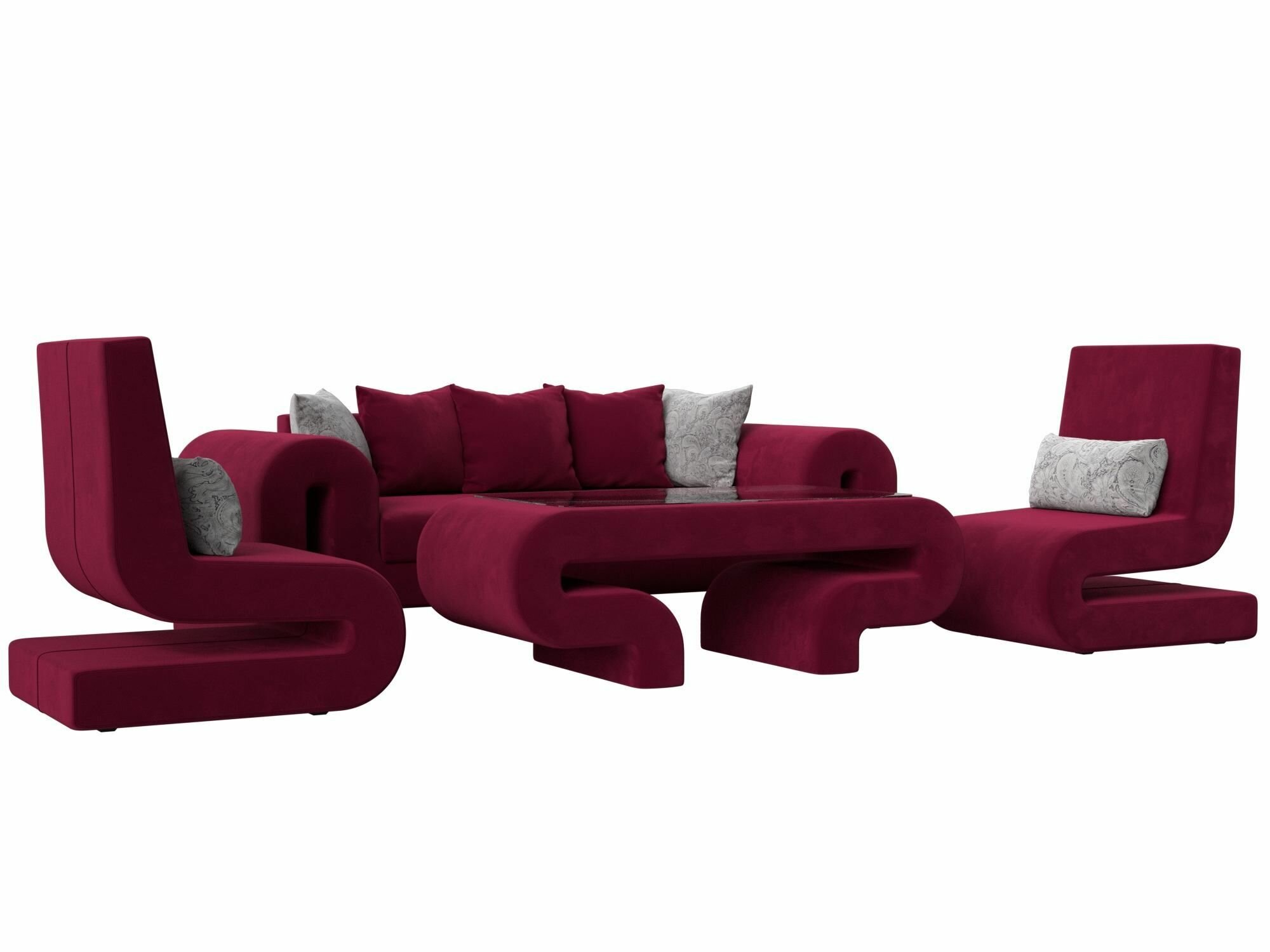 Набор Волна-2 (стол, диван, 2 кресла), Микровельвет бордовый