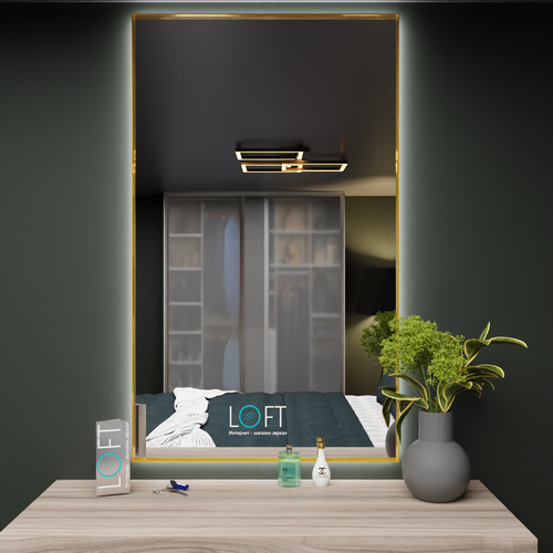 Прямоугольное настенное зеркало с контражурной подсветкой в золотой латунной раме 50х80 42475₽