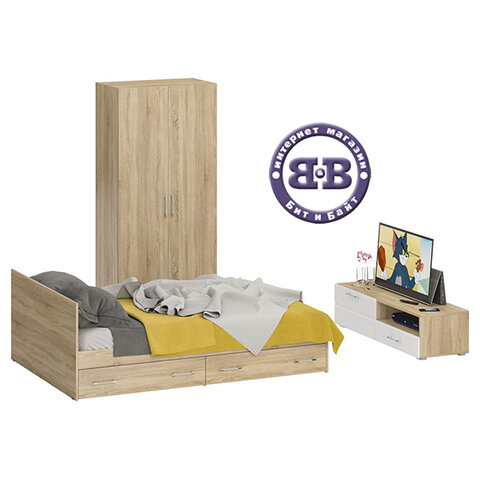 фото Спальня Стандарт 3-1400, цвет дуб сонома/фасады ТВ тумбы МДФ белый глянец, сп. м. 1400х2000 мм, без матраса, основание есть