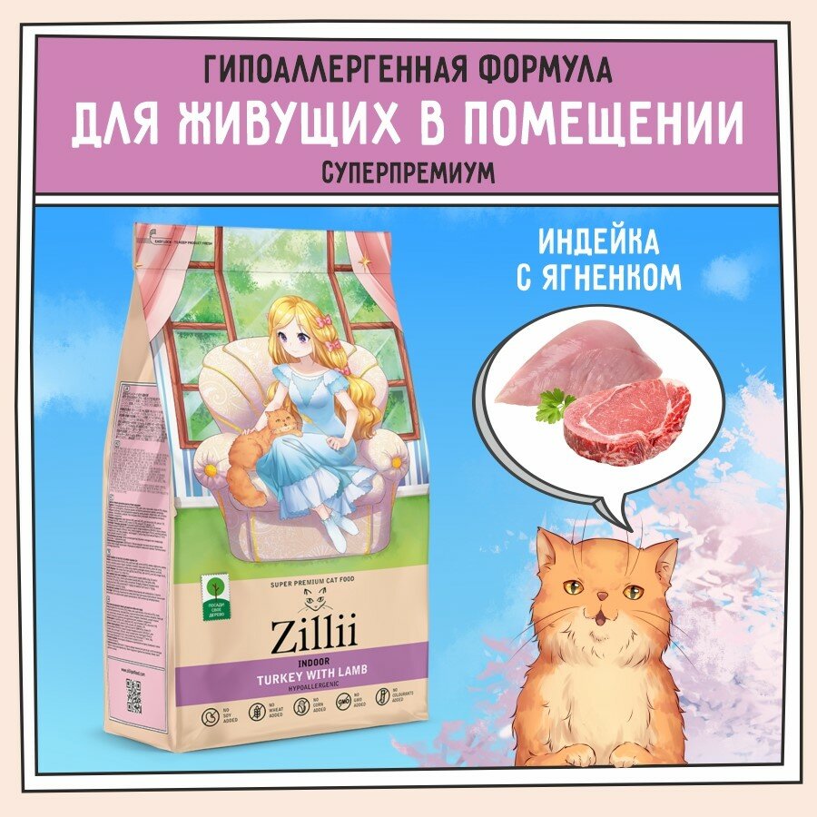 ZILLII INDOOR TURKEY & LAMB для взрослых кошек живущих дома с индейкой и ягненком (2 кг)