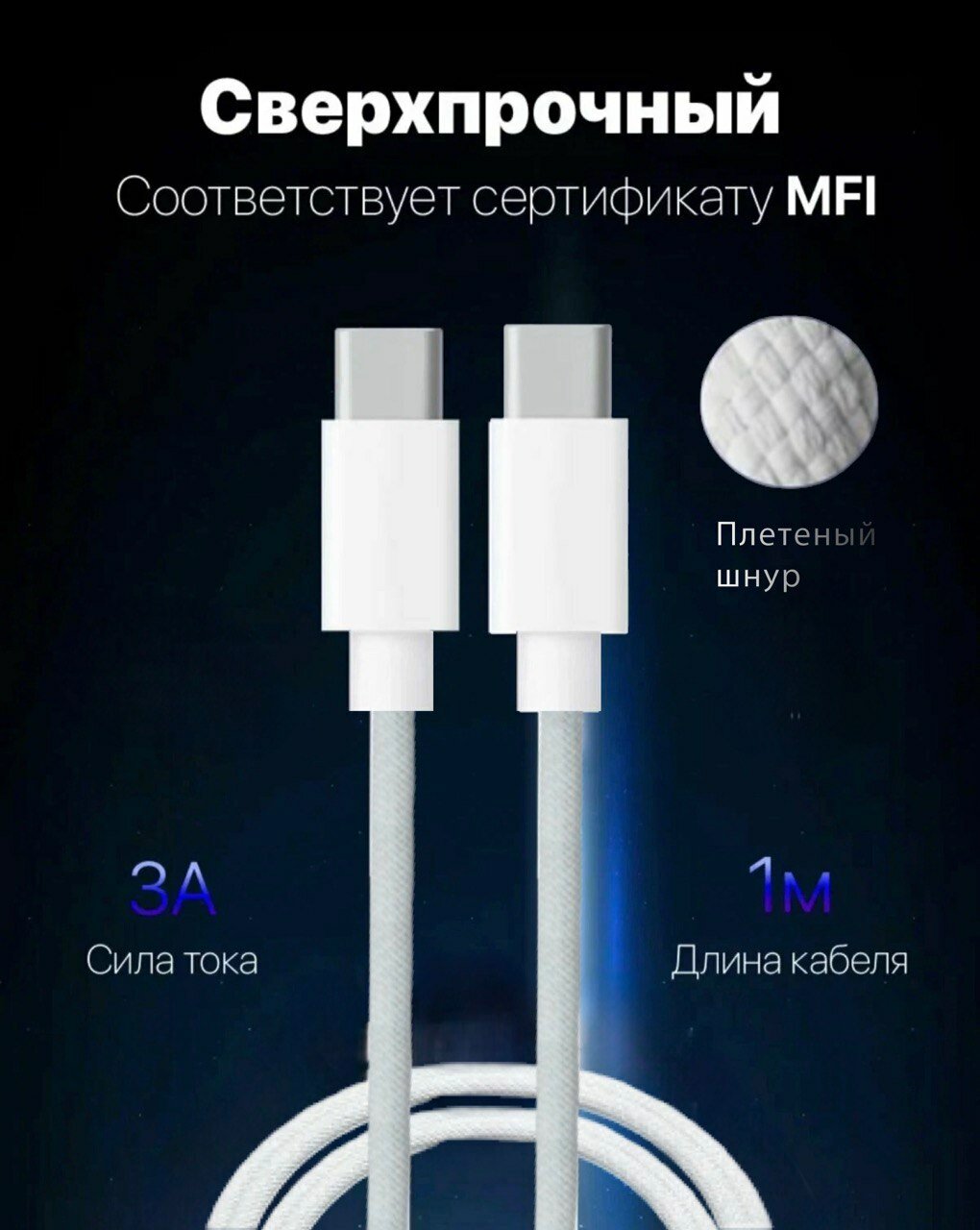 Быстрая зарядка Type-C для IPhone 15: блок 20W + плетеный кабель 1 метр / комплект