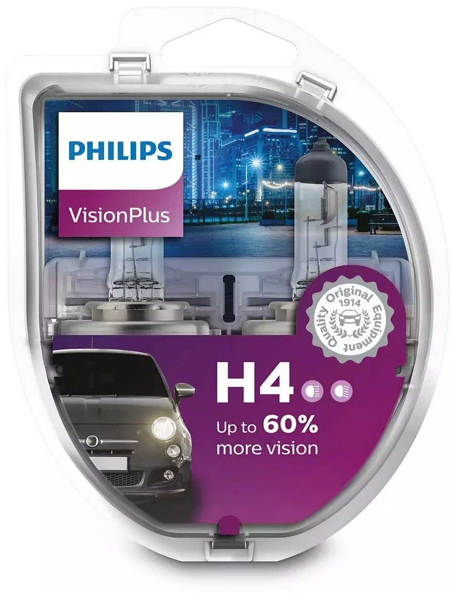 Лампа автомобильная галогенная Philips Vision Plus 12342VPS2 H4 12V 60/55W P43t-38 2 шт. — фото 1