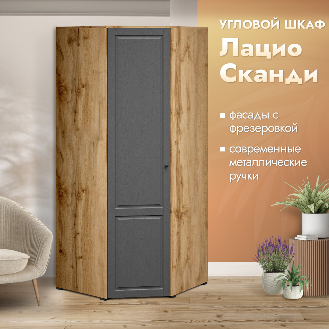 фото Угловой распашной шкаф для одежды и белья Лацио, однодверный, 87х87х204см, Сканди (темно-серый/графит, коричневый)
