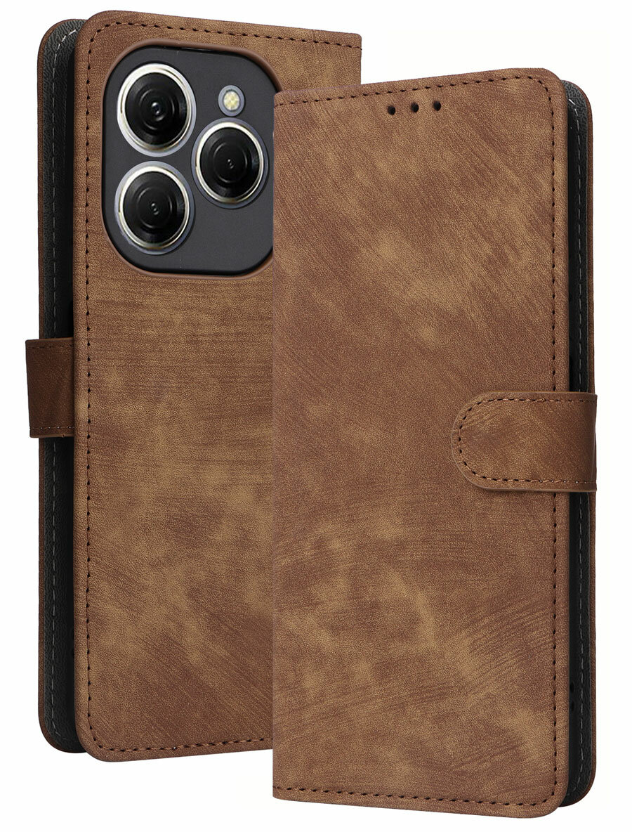 Чехол книжка для Tecno Spark 20 Pro c магнитной застежкой / Техно Спарк 20 Про c отделением под карты (коричневая)