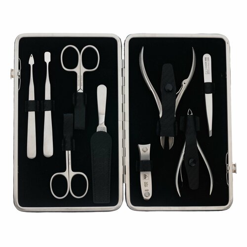 Маникюрный набор Erbe Carbon 9 предметов нержавеющая стальсатинированное покрытие футляр натуральная воловья кожа черный 43717₽