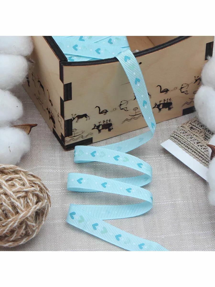 Репсовая лента с рисунком 'Орнамент Сердца', 10 мм*3 м, упаковочная, для подарков и рукоделия, Айрис (голубая) — фото 1