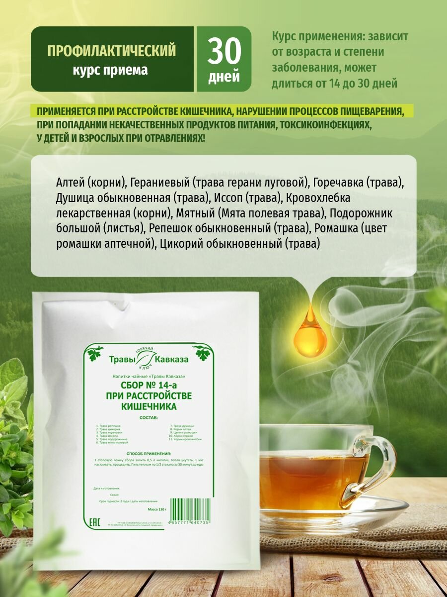 Изображение Травы Кавказа Сбор № 14-а при расстройстве кишечника, 130 гр.