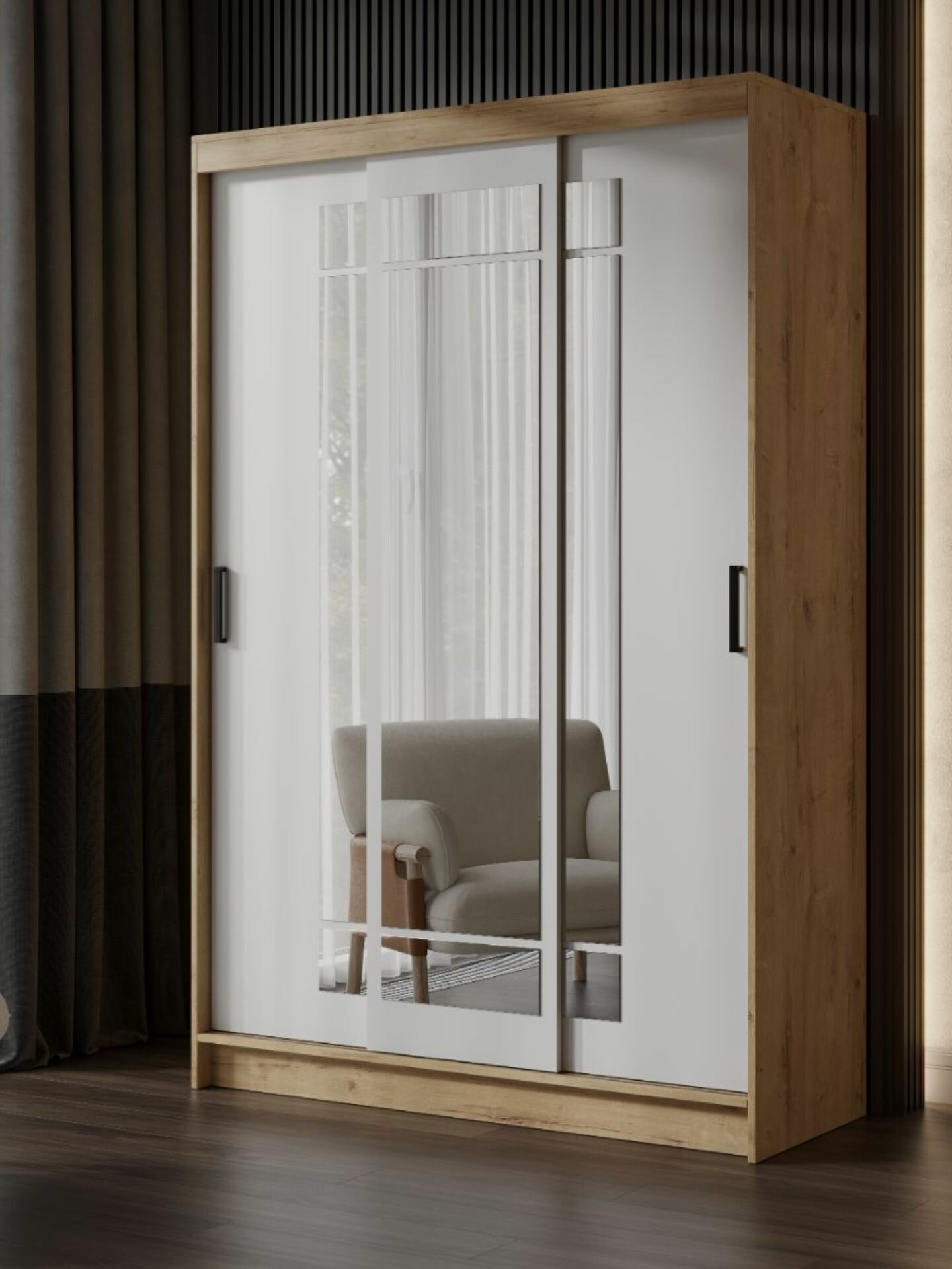 Шкаф-купе Оптимус/ Бруно4/ Тайм ЛДСП дуб вотан/белый с зеркалом полками штангой для дома 1310х2000х504 мебельный РАЙ