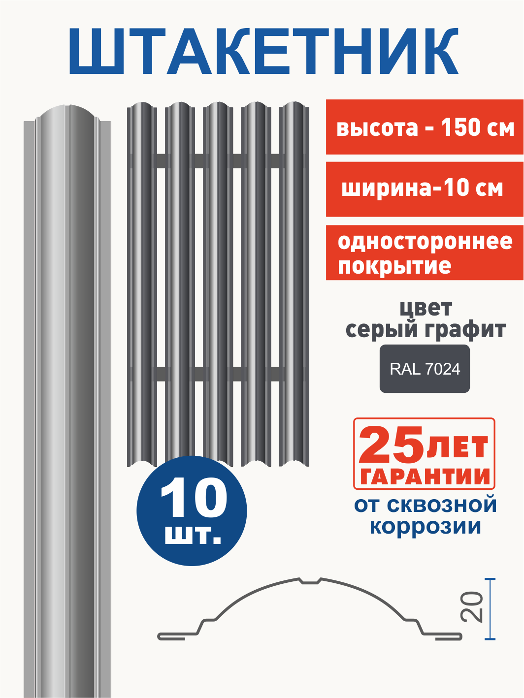 Штакетник СТэП для забора металлический 1.5м графитовый 10шт