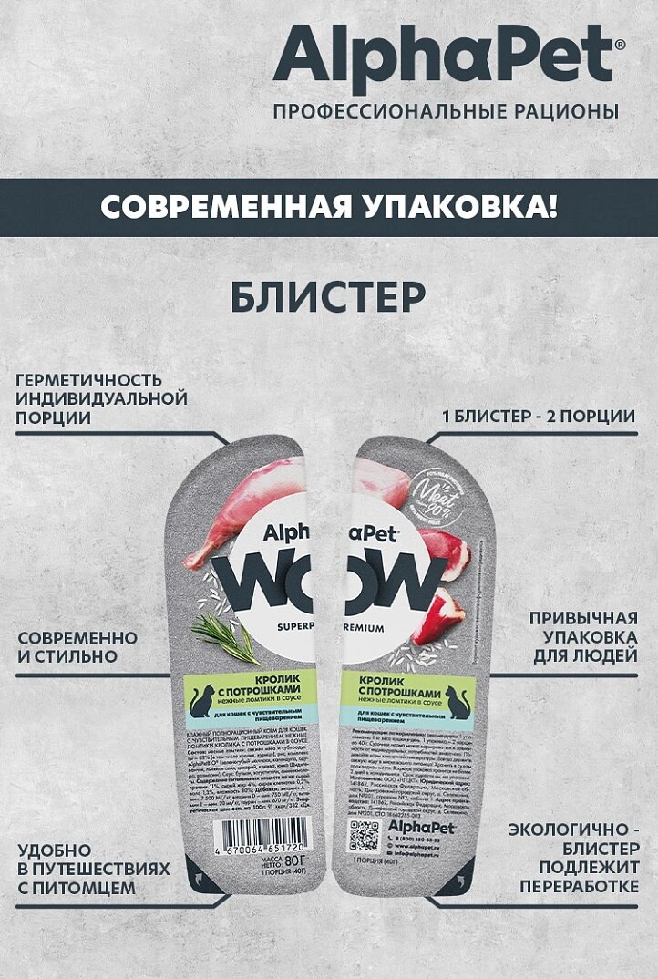 Влажный корм AlphaPet WOW пауч для кошек с чувствительным пищеварением (ломтики в соусе) Кролик и потрошки, 80 г х 15 шт — фото 1