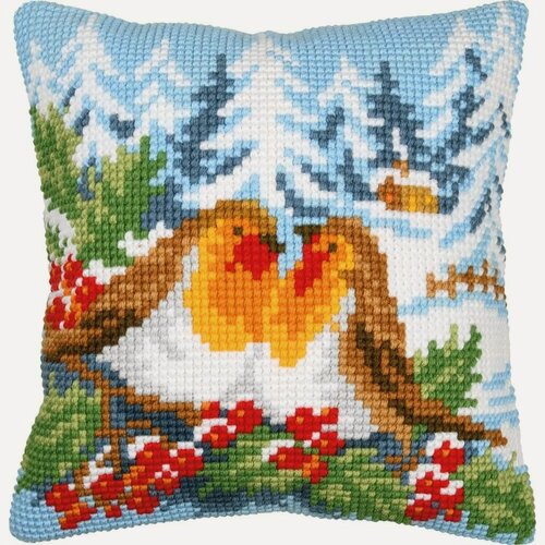 Изображение товара PN-0197900 Набор для вышивания несчётный крест (подушка) "Малиновки в зимней стране" Vervaco