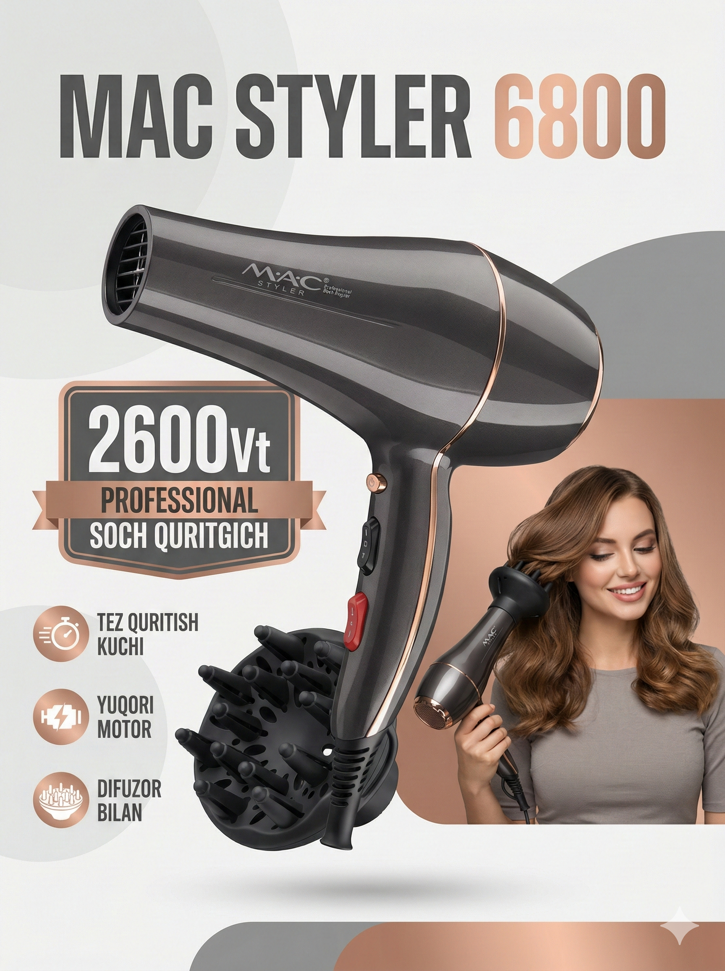 Профессиональный фен для волос M.A.C styler , для сушки и укладки с ионизацией , 2600W 3in1