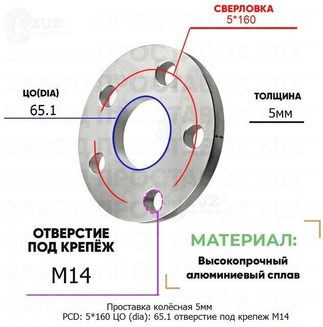 Проставка колёсная 1 шт 5мм PCD: 5*160 ЦО (DIA): 65,1 отверстие под крепёж M14 на ступицу: Ford 5x160