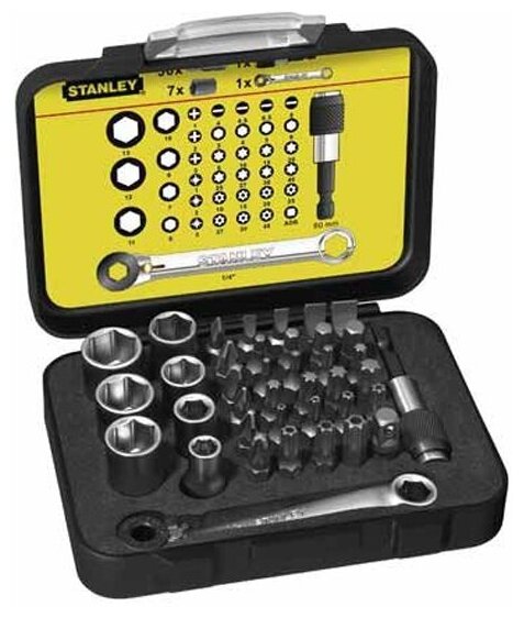 Трещотка со вставками Stanley Hand Tools STANLEY 1-13-907, Expert с мини-трещоткой в виде ключа и магнитным держателем 1/4" (39 предметов)