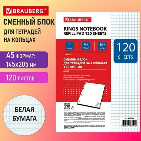 Сменный блок для тетради на кольцах, А5, 120 л, BRAUBERG, "Белый", 403260 (арт. 403260)