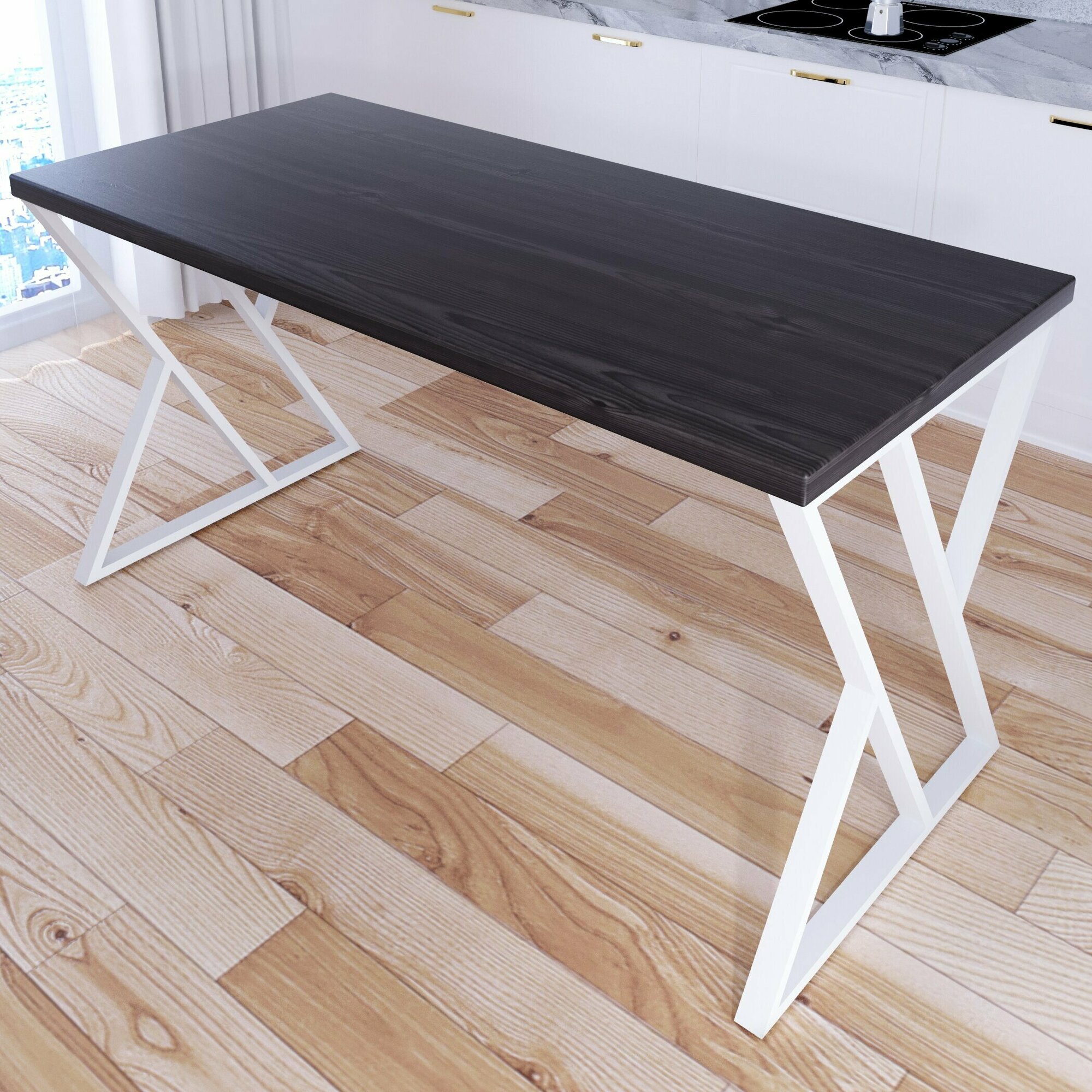 Стол кухонный Loft со столешницей цвета венге из массива сосны 40 мм и белыми металлическими Z-образными ножками, 130х70х75 см
