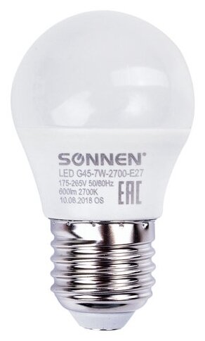 Лампа светодиодная SONNEN 453703, E27, G45, 7 Вт, 2700 К