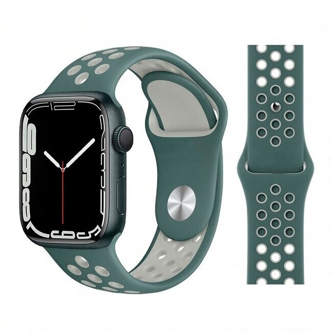 Ремешок силиконовый перфорированный Sport NK для Apple Watch 42/44/45/49 мм, на кнопке, зеленый кактус+серый (32)