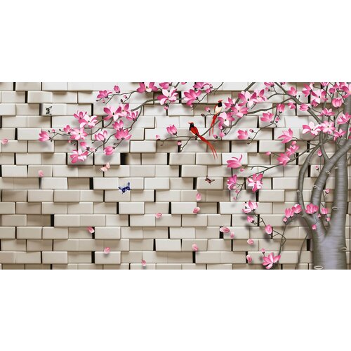 Моющиеся виниловые фотообои GrandPiK Стена из белого кирпича и сакура, 450х240 см