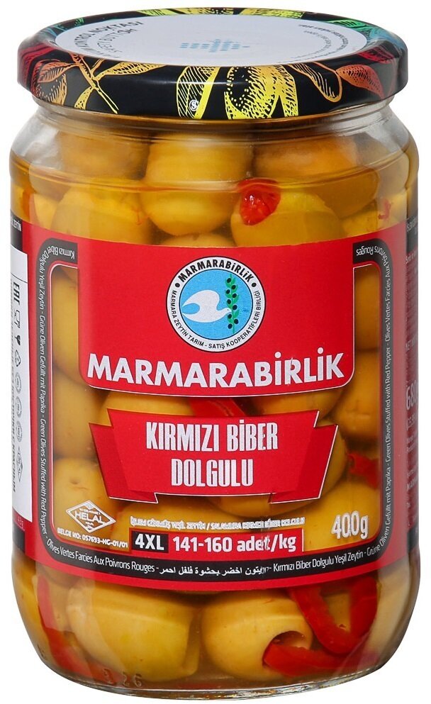 Оливки Marmarabirlik зеленые с перцем Biber 4XL 680г - фото №5