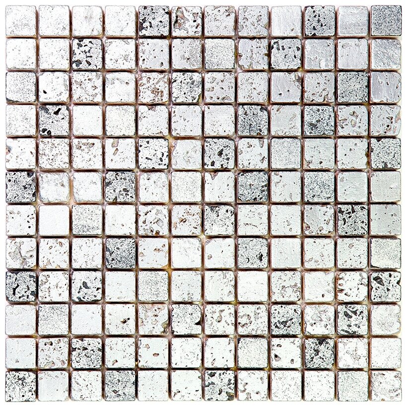 Мозаика Skalini PLT-2 из глянцево-матового (микс) травертина размер 30.5х30.5 см чип 23x23 мм толщ. 10 мм площадь 0.093 м2 на сетке
