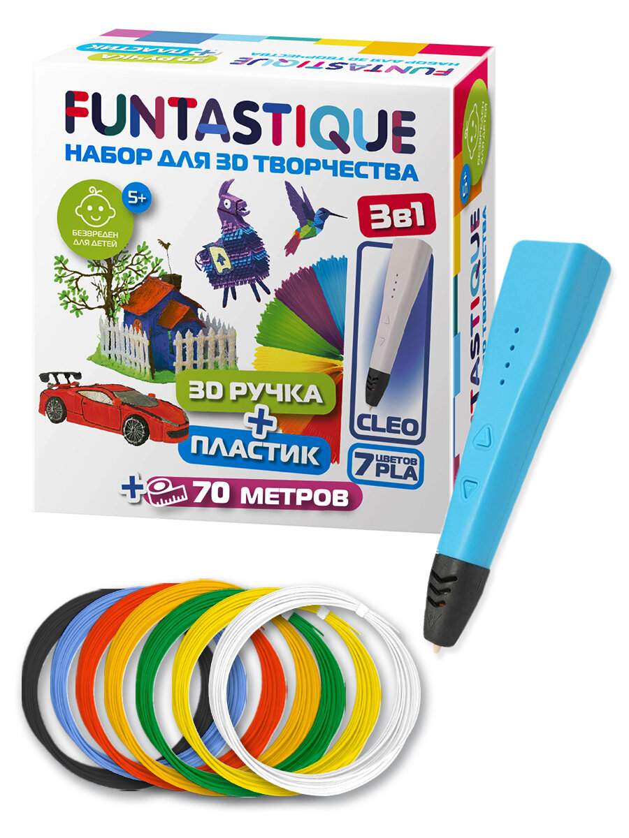 Набор 3D-ручка FUNTASTIQUE CLEO (Синий)+PLA-пластик 7 цветов