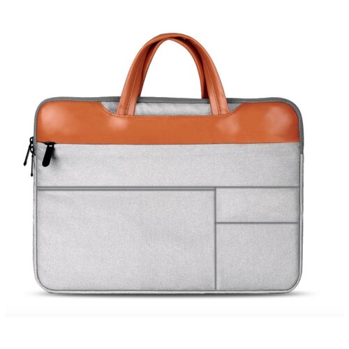 фото Сумка mypads m141-024 из качественной импортной текстильной ткани для ноутбуков irbis acer lenovo prestigio xiaomi digma msi macbook 14.0 / 14.1 дюйма с вставкой из эко-кожи тонкая с многочисленными маленькими внешними отделениями мужская женская светло-серого цвета