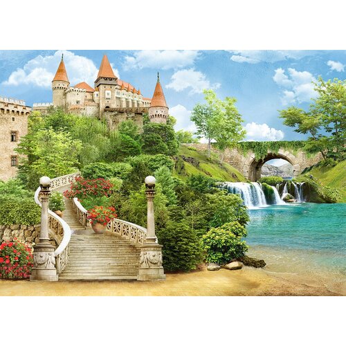 Моющиеся виниловые фотообои GrandPiK Средневековый замок и водопад, 280х200 см