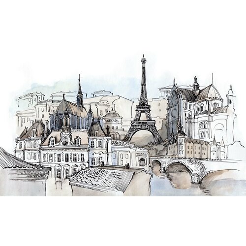 Моющиеся виниловые фотообои GrandPiK Акварель Франция Париж Эйфелева башня, 400х240 см