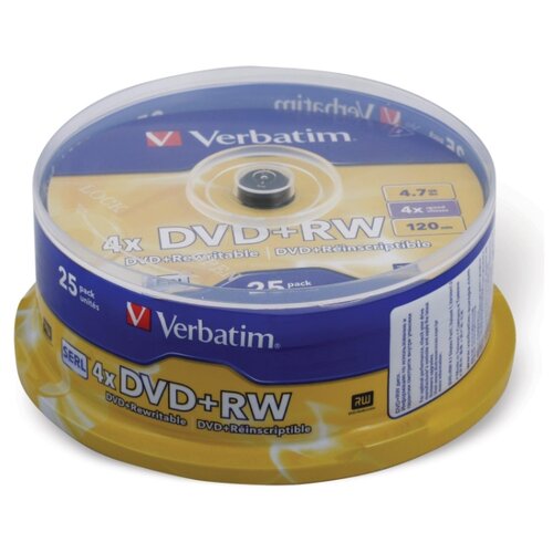 Диски DVD+RW (плюс) VERBATIM 4,7 Gb 4x, комплект 25 шт, Cake Box, 43489