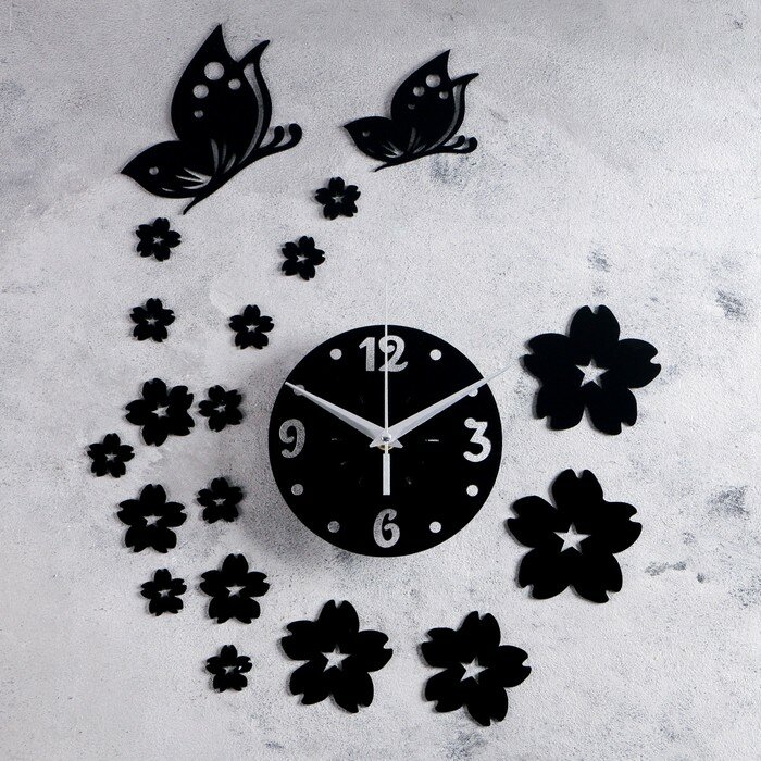 Часы-наклейка КНР Diy, "Цветы и бабочки", d 15 см, плавный ход, тип батарейки 1 АА