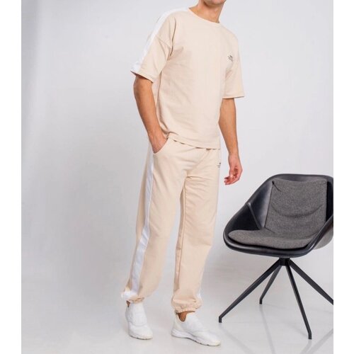 Костюм , майка и джоггеры, оверсайз, карманы, размер L, бежевый