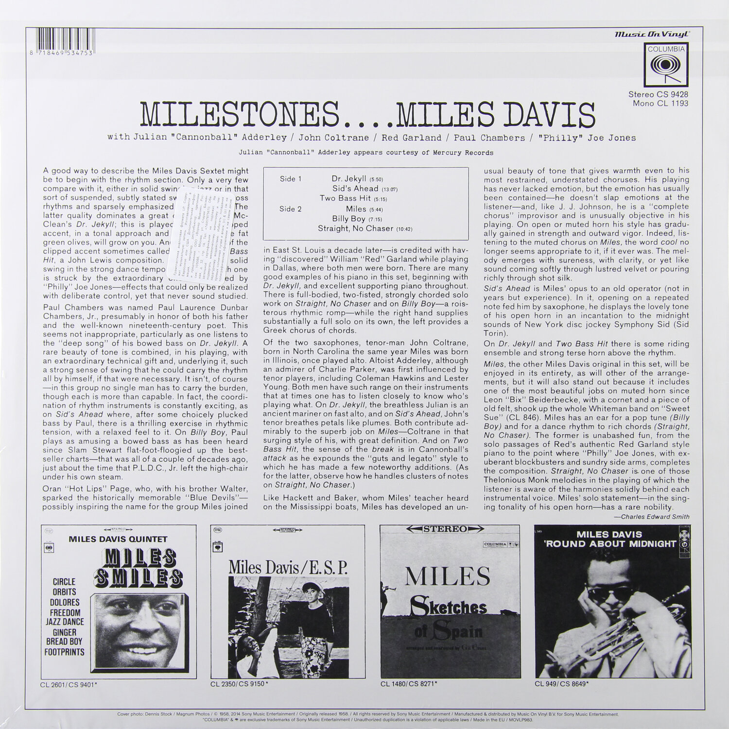 Miles Davis Milestones (Stereo) Виниловая пластинка BCDP - фото №4