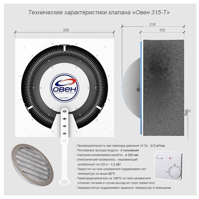 Клапан приточной вентиляции «Овен 315-Т» (212 м³/час) с электрическим нагревателем - фотография № 4