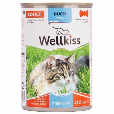 Wellkiss Влажный корм консервы для кошек, нежные кусочки с уткой в соусе, 410 гр, 4 шт