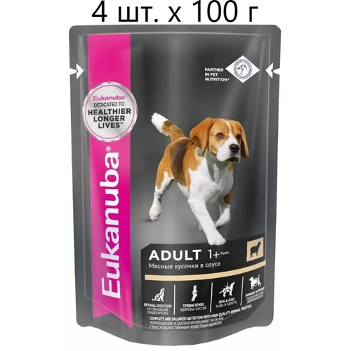 Влажный корм для собак Eukanuba Adult 1+ years, для здоровья кожи и шерсти, c ягненком, 4 шт. х 100 г (кусочки в соусе)