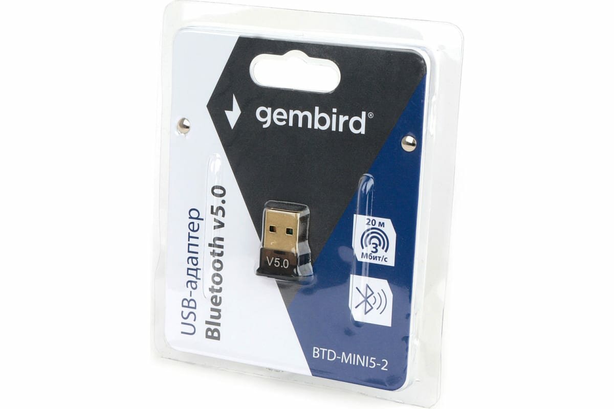 Адаптер Bluetooth Gembird, BTD-MINI5-2, ультратонкий корпус, v.5.0, 10 метров, USB