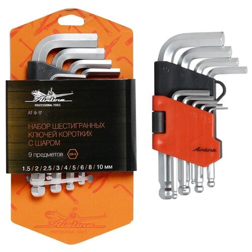 фото Набор шестигранных ключей коротких инбус с шаром 9 предметов (1.5,2,2.5,3,4,5,6,8,10мм) пласт.подвес at-9-17 airline