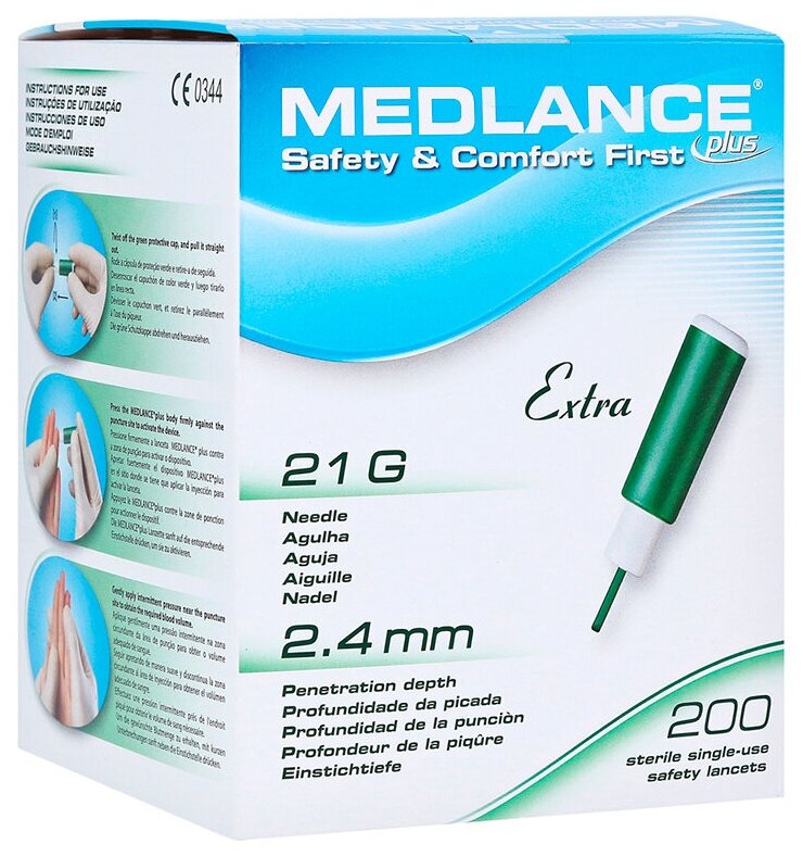 Ланцет автоматический MEDLANCE плюс 21G/ 2.4, 1.8, 2.0, 1.5 mm для капиллярного забора крови 200 шт
