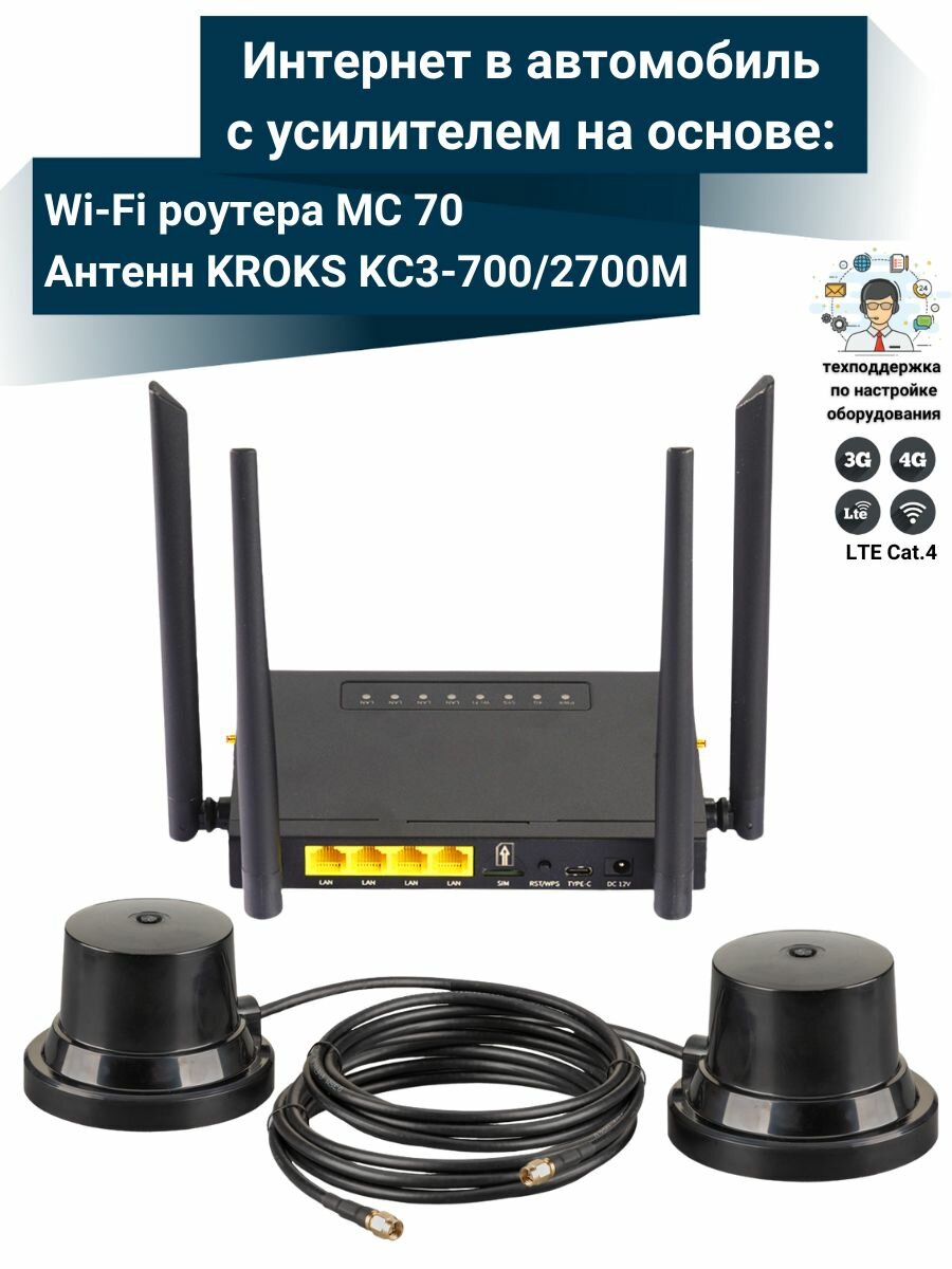 WiFi роутер для автомобиля 4G интернет МС70 с двумя антеннами KC3-700/2700M