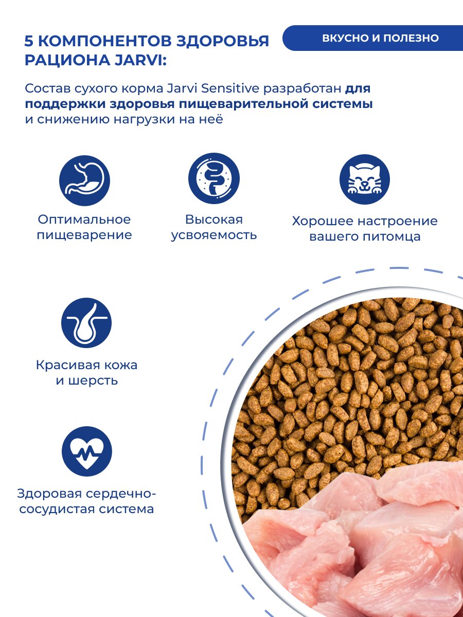 Сухой корм Jarvi полнорационный для взрослых кошек с чувствительным пищеварением Индейка, 800 г — фото 1