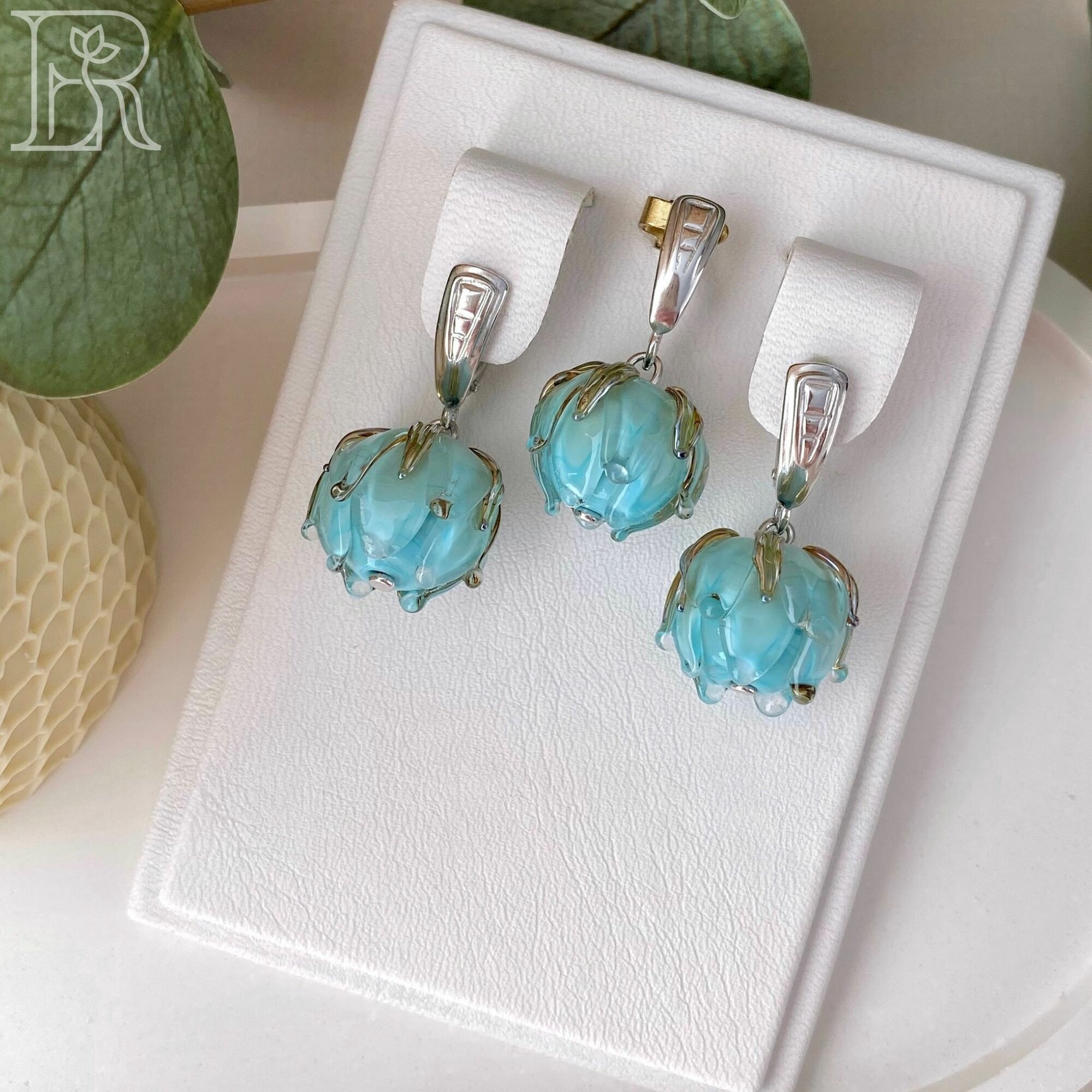 Ювелирный комплект LEFIREL', серебро, 925 проба, родирование, муранское стекло, длина 3.3 см., бирюзовый