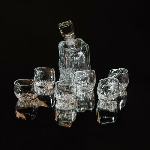 Подарочный набор - шесть стопок (рифл) иквадратный графин серии Хмельное стекло