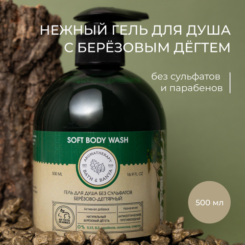 BATH&BANYA/ Гель для душа 500мл без сульфатов и парабенов, натуральный, с берёзовым дёгтем, антибактериальный, для проблемной кожи, с дозатором