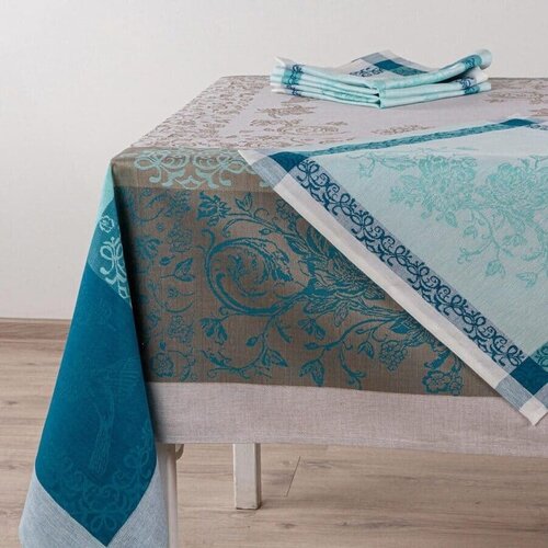 Льняная скатерть с салфетками Серенада Бирюзовая. Скатерть 150х250, 6 салфеток 48х48