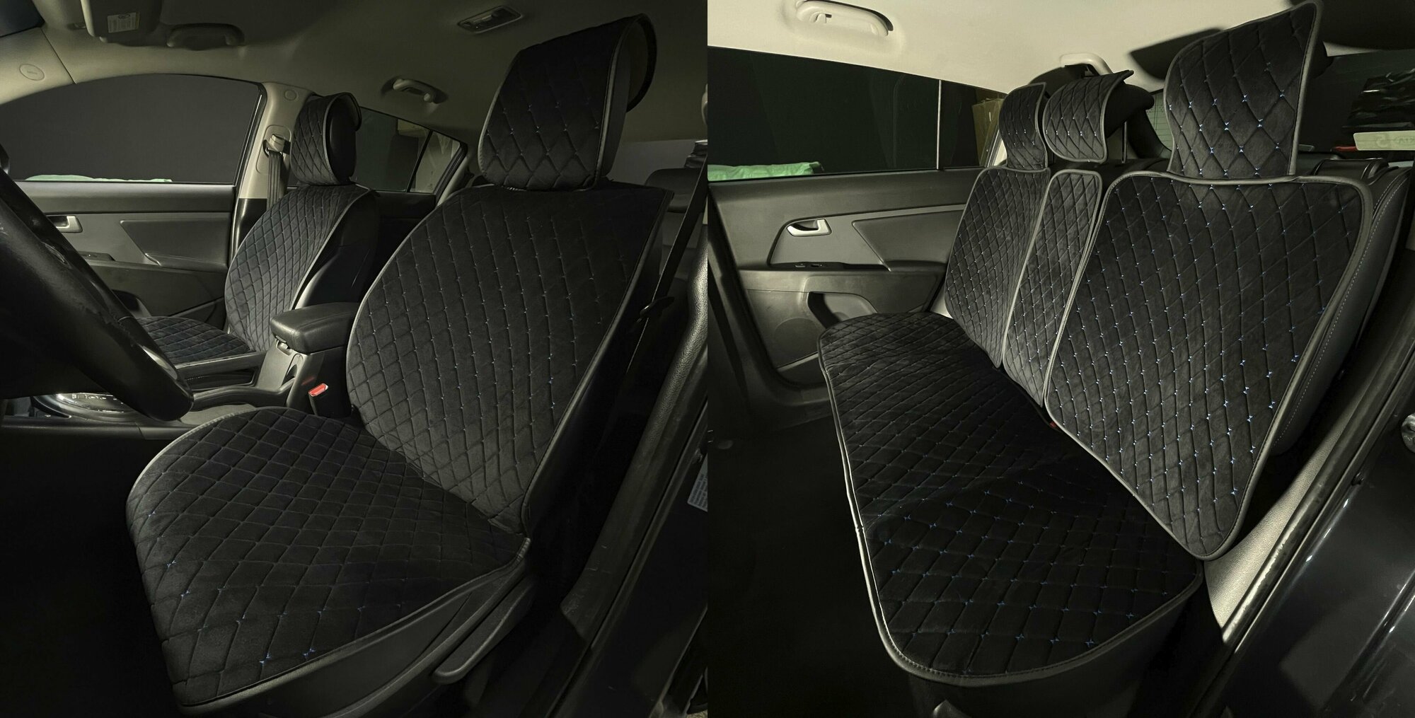 Накидки для Infiniti G купе II (2007-2014) / Инфинити Г на весь салон Maximal Ромб, Алькантара, Черный с синей строчкой