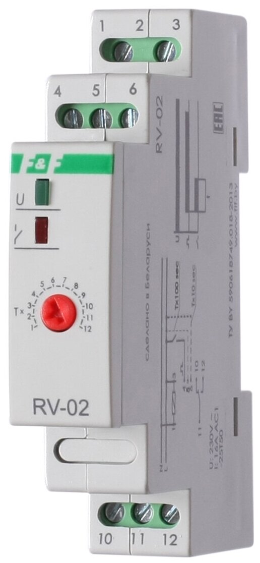 Реле времени RV-02 (задержка выкл. (1.120сек) 230В 16А 1перекл. IP20 монтаж на DIN-рейке) F&F EA02.001.008 ( 1шт. )