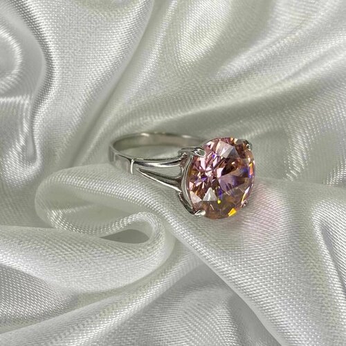 Перстень Женский перстень серебряное кольцо с крупным камнем, серебро, 925 проба, родирование, морганит, размер 18, розовый