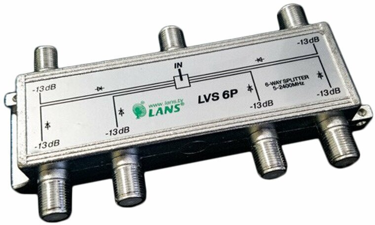 Делитель ТВ сигнала / Антенный сплиттер SSAH на 6 телевизоров 5-2400 MHz - 1 шт. с проходом питания. В комплекте: F-разъем - 7 шт.